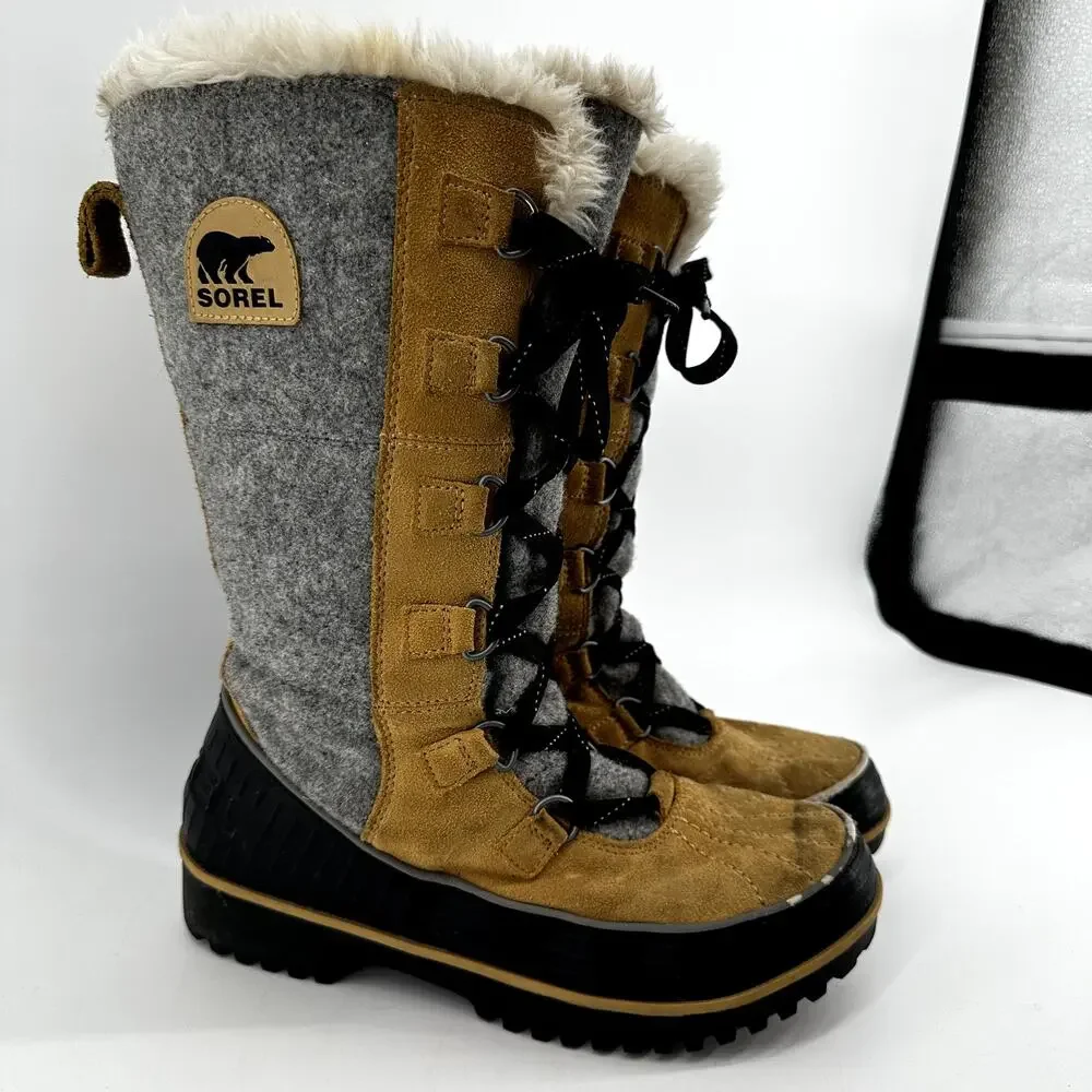 Sorel Tivoli High II Boots Suede Snow Lace Up Faux Fux Waterproof Curry Gray 9